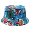 Detail of reversible sun hat featuring tropical flamingo and palm leaf prints - M (56-58cm) / Blue Flamingo