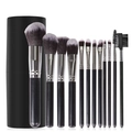 Set di 12 pennelli per il trucco professionali con custodia cilindrica nera su sfondo bianco - 12 Pezzi Nero