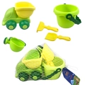 5-piece kids soft plastic beach toy set with green dump truck, bucket, and shovel - Beach Soft Rubber Truck & Bucket Set / Green