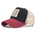 Red and black tiger embroidered cotton mesh trucker hat with beige breathable netting back - Adjustable / Red Black Beige-Tiger Embroidery(12)