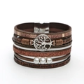 Detail of brown leather multi-layer wrap bracelet with Tree of Life charm and white pearls - Coffee