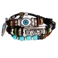 Bohemian multilayer leather bracelet with blue evil eye beads and silver feather charms - Turquoise Evil Eye Style