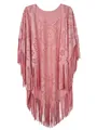 Detail of laser-cut geometric patterns and long fringes on a pink suede poncho top - Light Pink (82#) / Over 175cm