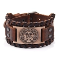 Detail of a brown leather wristband with a bronze tree of life and pentagram plaque - Genuine Leather Antique Red Copper