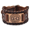 Bracelet large en cuir marron avec médaillon arbre de vie en bronze et bordures tressées - Cuir de Vachette/Alliage / Cuir Véritable Marron Cuivre Rouge Antique
