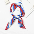 Elegante rood blauw witte gestreepte zijden sjaal in een strik op een witte ondergrond - Driekleurige diagonale strepen Rode rand