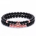 Set bracciale a doppio strato in agata nera con ciondolo teschio in oro rosa - Stile Teschio Oro Rosa (Stile 4)