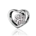 S925 sterling silver heart charm with pink zircon paw print pattern for DIY bracelets - Pink Paw Print Heart