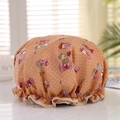 Waterproof double-layer shower cap with orange cartoon print and elastic beige edge - Pink Girl