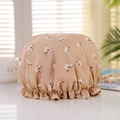Double-layer waterproof shower cap featuring a beige unicorn print with ruffled elastic edge - Khaki Unicorn