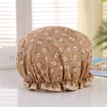 Waterproof double-layer shower cap featuring a brown floral pattern and elastic frilled edge - Khaki Flower