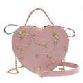 Pink heart-shaped crossbody bag with elegant floral embroidery and chain strap - Heart / Pink