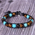 Multilayer beaded leather wrap bracelet with tiger eye, turquoise, and heart clasp - Tiger Eye Turquoise Heart Clasp (Style 05)