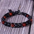 Bracciale bohémien avvolgente con perle nere opache e pietre occhio di tigre in pelle - Occhio di Tigre Rosso Pietra Nera Stile Bottone (Stile 04)