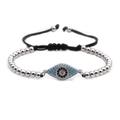 Bracciale occhio greco regolabile con zirconi blu e perline d'argento su cordino nero - Perline Malocchio (B0060) / Oro Bianco