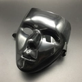 Detail of a shiny black full face hip-hop mask with elastic strap for Halloween parties - Black