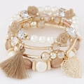 Bohemian multi-layer braided bracelet with floral crystals and beaded tassels - Coffee