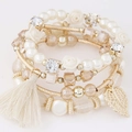Bohemian multi-layer beaded bracelet set with faux pearls, crystal beads, and gold leaf charm - White