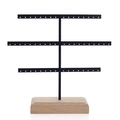 Black 3-tier metal earring organizer stand with natural wood base for jewelry display - Black 52 Holes