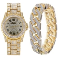 Close-up of luxury gold iced-out men's watch and Cuban link bracelet set with crystals - Gold (bow-shaped Box)