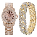 Luxury gold quartz watch and cuban bracelet set with sparkling diamonds for men - Rose Gold (bow Box)