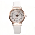 Minimalist women's quartz watch with rose gold case and white leather strap on white background - White