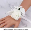Elegant white artificial rose wrist corsage with silk ribbon for bridal bridesmaids - Wrist Corsage / Pure White