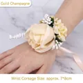 Hand wearing a golden champagne rose wrist corsage with silk ribbon for wedding decoration - Wrist Corsage / Gold Champagne