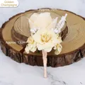 Champagne rose wedding boutonniere featuring silk petals and satin ribbon wrap - Corsage / Gold Champagne