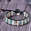 Bohemian double-layer leather beaded wrap bracelet with blue emperor stones and metal clasp - Sea Blue Imperial Stone Style (Style 5)