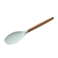 Mint green silicone cooking spoon with wooden handle and hanging hole on white background - Flat Spoon