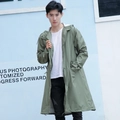 Olive green long hooded waterproof raincoat jacket for men with stylish zipper design - Army Green (Men's Style)