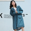 Waterproof Prussian blue hooded long raincoat for adults with large side pockets - Teal