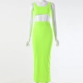 Detailoverzicht van neon groen geribbelde tweedelige set met crop top en lange rok - L / Fluorescerend Groen
