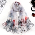 Lightweight faux silk scarf featuring a Chinese ink painting of mountains and red flowers - 160cm / Landscape Grey