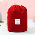 Red cylindrical velvet drawstring makeup bag with elegant white patch decoration - Red