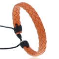 Adjustable woven leather bracelet in tan brown finish with flexible black cord closure - Orange Red