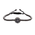Detalle de pulsera ojo turco con cuentas de color gris oscuro y circonitas azules - Color gunmetal