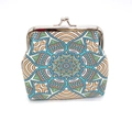Detail of bohemian mandala print coin purse with silver metal kiss-lock closure - Blue Green Yellow Floral