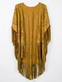 Detail of laser-cut openwork patterns and long tassels on mustard yellow suede cape - Turmeric (10#) / Over 175cm