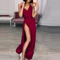 Elegant wine red satin long dress with a deep V-neck and high side slit evening gown - S / Burgundy