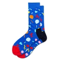 Detailansicht dunkelblauer Socken mit bunten Strickmustern aus Ballons und Herzen - Größe 39-45 / Tiefblaues Ballon-Herz-Muster (A-6432)