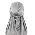 Detail of the back knot and premium velvet texture on this light gray seamless durag - Adjustable / Gray