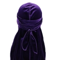 Detail view of deep purple velvet durag with extra long straps and soft texture - Adjustable / Purple