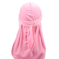 Rear view of vibrant pink velvet durag showing long tail and silky elastic fabric texture - Adjustable / Pink