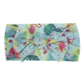Close-up view of infant nylon headband with colorful flamingo and tropical leaf patterns - Bow / Flamingo