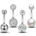 Set di 4 piercing all'ombelico in acciaio inossidabile con perle, zirconi e cristalli - Set