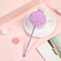 Purple fluffy pom pom pen with sparkling glitter heart detail on a white ceramic plate - Purple (Sequin Heart Pom Pom)