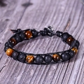 Bracciale in pietra lavica e occhio di tigre con cinturino in pelle nera e chiusura - Occhio di Tigre Pietra Lavica Stile Bottone (Stile 02)