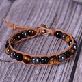 Bracciale avvolgente in pelle con occhio di tigre, pietre nere e chiusura a cuore - Occhio di Tigre Pietra Nera Chiusura a Cuore Corda Marrone (Stile 03)